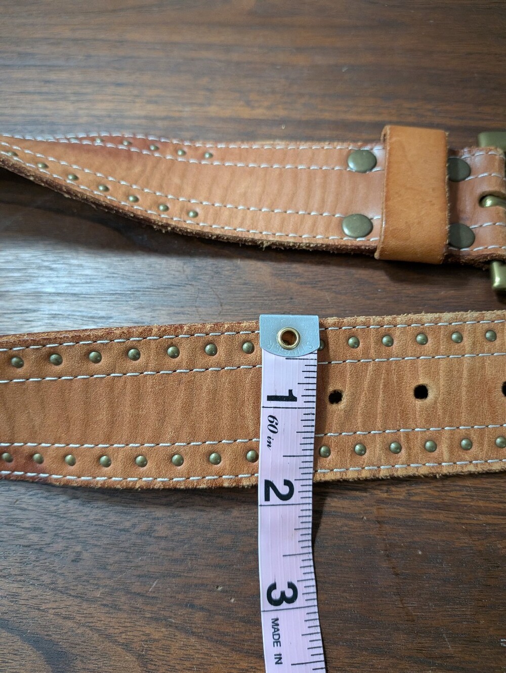 Banana Republic Tan Brown Leather Belt White Stitch Brass Studded Belt Size L - Picture 7 of 7